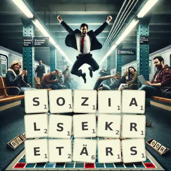 Kreative Illustration für ein Scrabble-Spiel, bei dem das Wort SOZIALSEKRETÄRS mit Steinen auf dem Brett gelegt wurde.