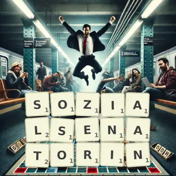 Kreative Illustration für ein Scrabble-Spiel, bei dem das Wort SOZIALSENATORIN mit Steinen auf dem Brett gelegt wurde.