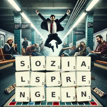 Kreative Illustration für ein Scrabble-Spiel, bei dem das Wort SOZIALSPRENGELN mit Steinen auf dem Brett gelegt wurde.