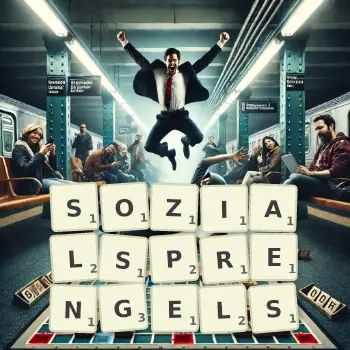 Kreative Illustration für ein Scrabble-Spiel, bei dem das Wort SOZIALSPRENGELS mit Steinen auf dem Brett gelegt wurde.