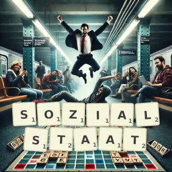 Kreative Illustration für ein Scrabble-Spiel, bei dem das Wort SOZIALSTAAT mit Steinen auf dem Brett gelegt wurde.