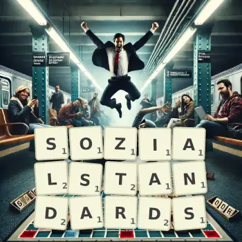 Kreative Illustration für ein Scrabble-Spiel, bei dem das Wort SOZIALSTANDARDS mit Steinen auf dem Brett gelegt wurde.