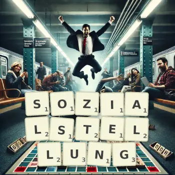 Kreative Illustration für ein Scrabble-Spiel, bei dem das Wort SOZIALSTELLUNG mit Steinen auf dem Brett gelegt wurde.