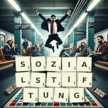 Kreative Illustration für ein Scrabble-Spiel, bei dem das Wort SOZIALSTIFTUNG mit Steinen auf dem Brett gelegt wurde.