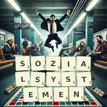 Kreative Illustration für ein Scrabble-Spiel, bei dem das Wort SOZIALSYSTEMEN mit Steinen auf dem Brett gelegt wurde.