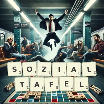 Kreative Illustration für ein Scrabble-Spiel, bei dem das Wort SOZIALTAFEL mit Steinen auf dem Brett gelegt wurde.