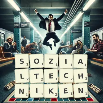 Kreative Illustration für ein Scrabble-Spiel, bei dem das Wort SOZIALTECHNIKEN mit Steinen auf dem Brett gelegt wurde.