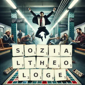 Kreative Illustration für ein Scrabble-Spiel, bei dem das Wort SOZIALTHEOLOGE mit Steinen auf dem Brett gelegt wurde.