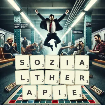 Kreative Illustration für ein Scrabble-Spiel, bei dem das Wort SOZIALTHERAPIE mit Steinen auf dem Brett gelegt wurde.