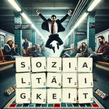 Kreative Illustration für ein Scrabble-Spiel, bei dem das Wort SOZIALTÄTIGKEIT mit Steinen auf dem Brett gelegt wurde.