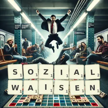 Kreative Illustration für ein Scrabble-Spiel, bei dem das Wort SOZIALWAISEN mit Steinen auf dem Brett gelegt wurde.