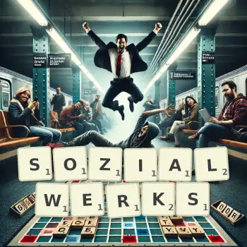 Kreative Illustration für ein Scrabble-Spiel, bei dem das Wort SOZIALWERKS mit Steinen auf dem Brett gelegt wurde.