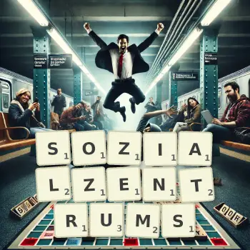 Kreative Illustration für ein Scrabble-Spiel, bei dem das Wort SOZIALZENTRUMS mit Steinen auf dem Brett gelegt wurde.