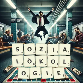 Kreative Illustration für ein Scrabble-Spiel, bei dem das Wort SOZIALÖKOLOGIE mit Steinen auf dem Brett gelegt wurde.