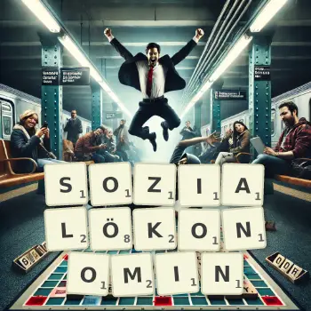 Kreative Illustration für ein Scrabble-Spiel, bei dem das Wort SOZIALÖKONOMIN mit Steinen auf dem Brett gelegt wurde.