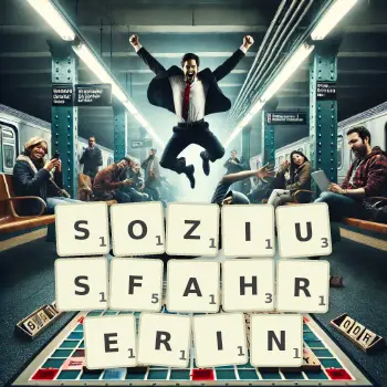 Kreative Illustration für ein Scrabble-Spiel, bei dem das Wort SOZIUSFAHRERIN mit Steinen auf dem Brett gelegt wurde.