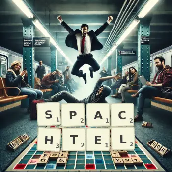 Kreative Illustration für ein Scrabble-Spiel, bei dem das Wort SPACHTEL mit Steinen auf dem Brett gelegt wurde.