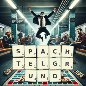 Kreative Illustration für ein Scrabble-Spiel, bei dem das Wort SPACHTELGRUND mit Steinen auf dem Brett gelegt wurde.