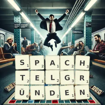 Kreative Illustration für ein Scrabble-Spiel, bei dem das Wort SPACHTELGRÜNDEN mit Steinen auf dem Brett gelegt wurde.