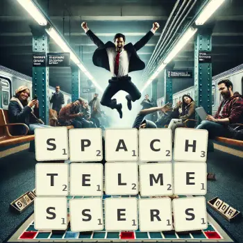 Kreative Illustration für ein Scrabble-Spiel, bei dem das Wort SPACHTELMESSERS mit Steinen auf dem Brett gelegt wurde.