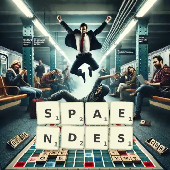 Kreative Illustration für ein Scrabble-Spiel, bei dem das Wort SPAENDES mit Steinen auf dem Brett gelegt wurde.