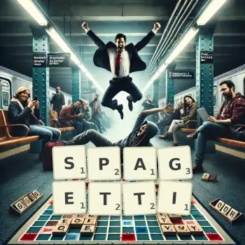 Kreative Illustration für ein Scrabble-Spiel, bei dem das Wort SPAGETTI mit Steinen auf dem Brett gelegt wurde.