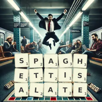 Kreative Illustration für ein Scrabble-Spiel, bei dem das Wort SPAGHETTISALATE mit Steinen auf dem Brett gelegt wurde.