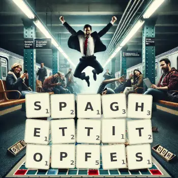 Kreative Illustration für ein Scrabble-Spiel, bei dem das Wort SPAGHETTITOPFES mit Steinen auf dem Brett gelegt wurde.