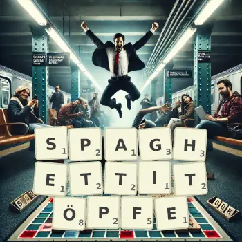 Kreative Illustration für ein Scrabble-Spiel, bei dem das Wort SPAGHETTITÖPFE mit Steinen auf dem Brett gelegt wurde.