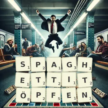 Kreative Illustration für ein Scrabble-Spiel, bei dem das Wort SPAGHETTITÖPFEN mit Steinen auf dem Brett gelegt wurde.