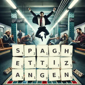 Kreative Illustration für ein Scrabble-Spiel, bei dem das Wort SPAGHETTIZANGEN mit Steinen auf dem Brett gelegt wurde.