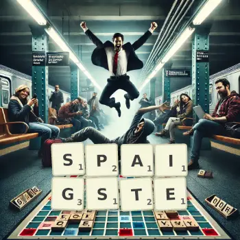 Kreative Illustration für ein Scrabble-Spiel, bei dem das Wort SPAIGSTE mit Steinen auf dem Brett gelegt wurde.