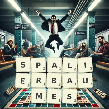 Kreative Illustration für ein Scrabble-Spiel, bei dem das Wort SPALIERBAUMES mit Steinen auf dem Brett gelegt wurde.