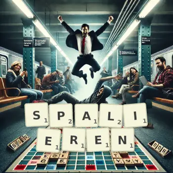Kreative Illustration für ein Scrabble-Spiel, bei dem das Wort SPALIEREN mit Steinen auf dem Brett gelegt wurde.