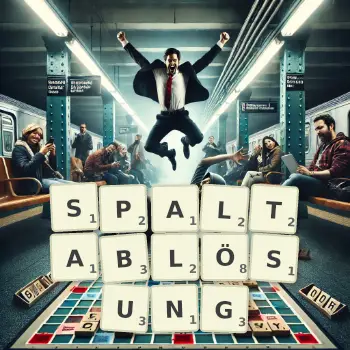 Kreative Illustration für ein Scrabble-Spiel, bei dem das Wort SPALTABLÖSUNG mit Steinen auf dem Brett gelegt wurde.