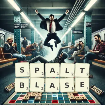 Kreative Illustration für ein Scrabble-Spiel, bei dem das Wort SPALTBLASE mit Steinen auf dem Brett gelegt wurde.