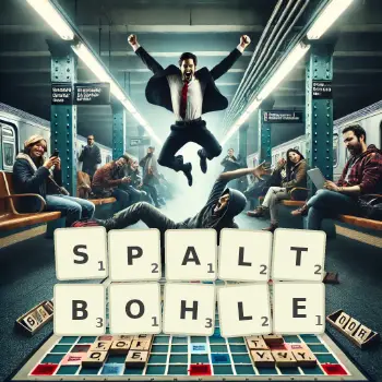 Kreative Illustration für ein Scrabble-Spiel, bei dem das Wort SPALTBOHLE mit Steinen auf dem Brett gelegt wurde.