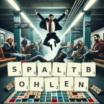 Kreative Illustration für ein Scrabble-Spiel, bei dem das Wort SPALTBOHLEN mit Steinen auf dem Brett gelegt wurde.