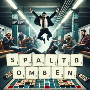 Kreative Illustration für ein Scrabble-Spiel, bei dem das Wort SPALTBOMBEN mit Steinen auf dem Brett gelegt wurde.