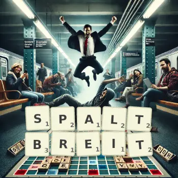 Kreative Illustration für ein Scrabble-Spiel, bei dem das Wort SPALTBREIT mit Steinen auf dem Brett gelegt wurde.