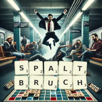 Kreative Illustration für ein Scrabble-Spiel, bei dem das Wort SPALTBRUCH mit Steinen auf dem Brett gelegt wurde.