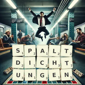 Kreative Illustration für ein Scrabble-Spiel, bei dem das Wort SPALTDICHTUNGEN mit Steinen auf dem Brett gelegt wurde.