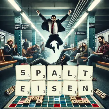 Kreative Illustration für ein Scrabble-Spiel, bei dem das Wort SPALTEISEN mit Steinen auf dem Brett gelegt wurde.