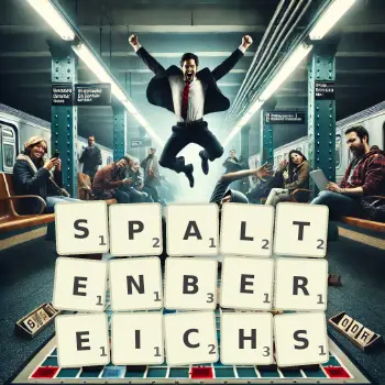 Kreative Illustration für ein Scrabble-Spiel, bei dem das Wort SPALTENBEREICHS mit Steinen auf dem Brett gelegt wurde.