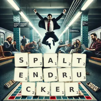 Kreative Illustration für ein Scrabble-Spiel, bei dem das Wort SPALTENDRUCKER mit Steinen auf dem Brett gelegt wurde.