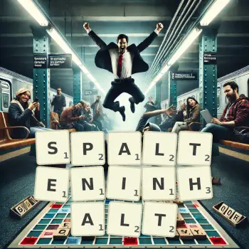 Kreative Illustration für ein Scrabble-Spiel, bei dem das Wort SPALTENINHALT mit Steinen auf dem Brett gelegt wurde.