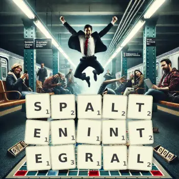 Kreative Illustration für ein Scrabble-Spiel, bei dem das Wort SPALTENINTEGRAL mit Steinen auf dem Brett gelegt wurde.