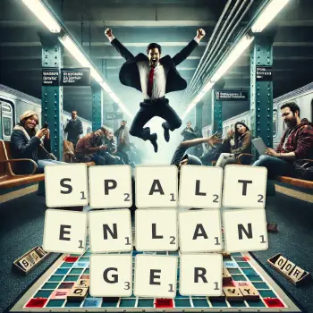 Kreative Illustration für ein Scrabble-Spiel, bei dem das Wort SPALTENLANGER mit Steinen auf dem Brett gelegt wurde.