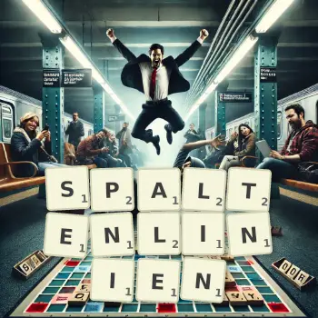 Kreative Illustration für ein Scrabble-Spiel, bei dem das Wort SPALTENLINIEN mit Steinen auf dem Brett gelegt wurde.