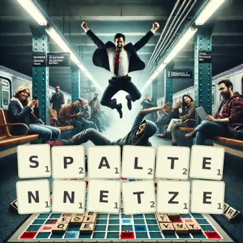 Kreative Illustration für ein Scrabble-Spiel, bei dem das Wort SPALTENNETZE mit Steinen auf dem Brett gelegt wurde.